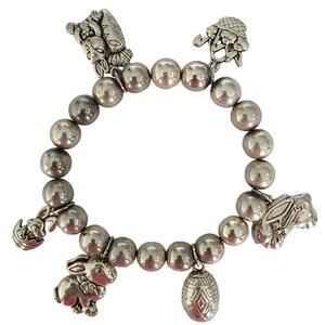 Vintage MJ Silver Tone Stretch Easter Bunny Easter Egg Charm Bracelet